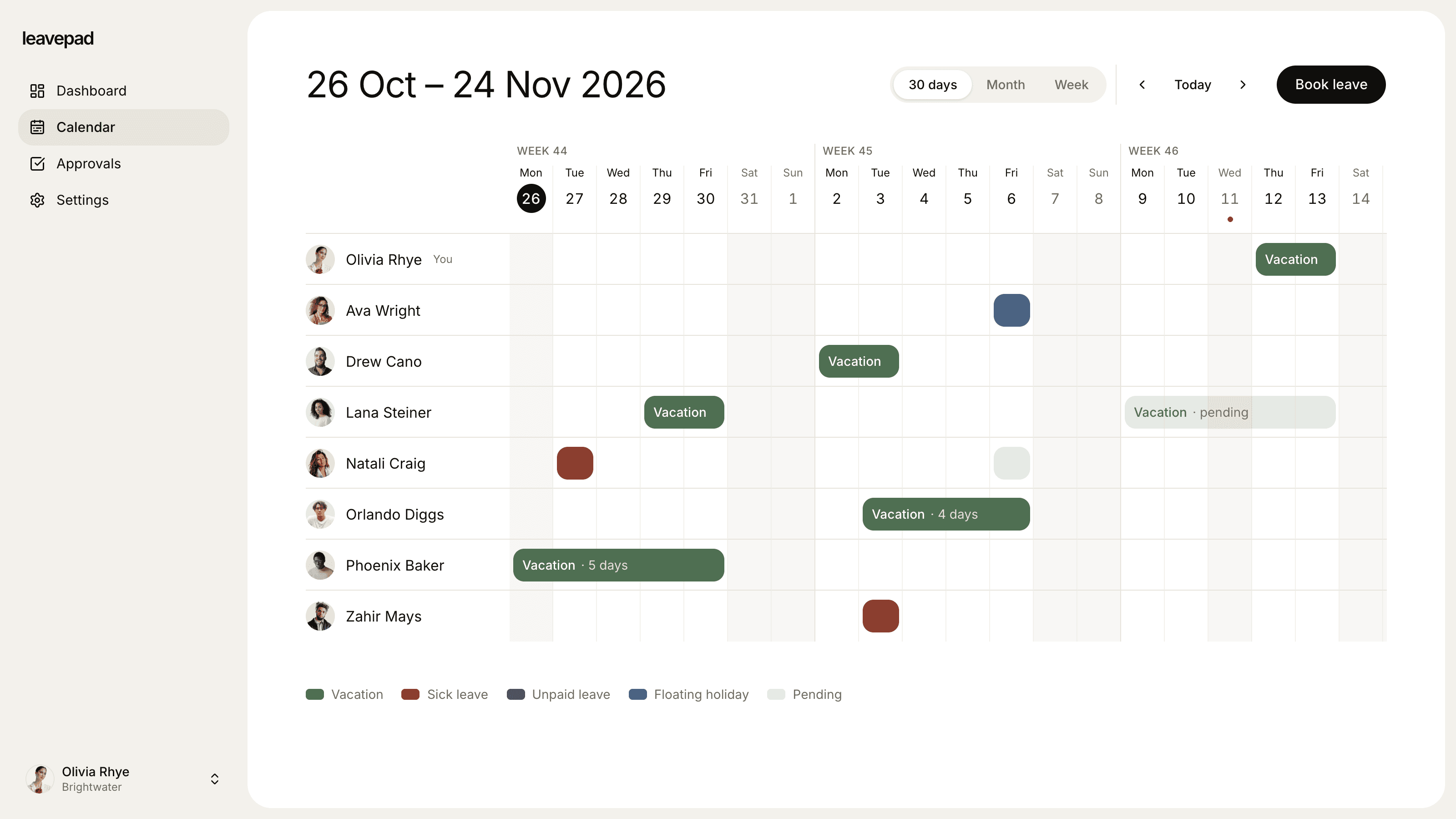 The Leavepad team leave calendar showing who is off this week