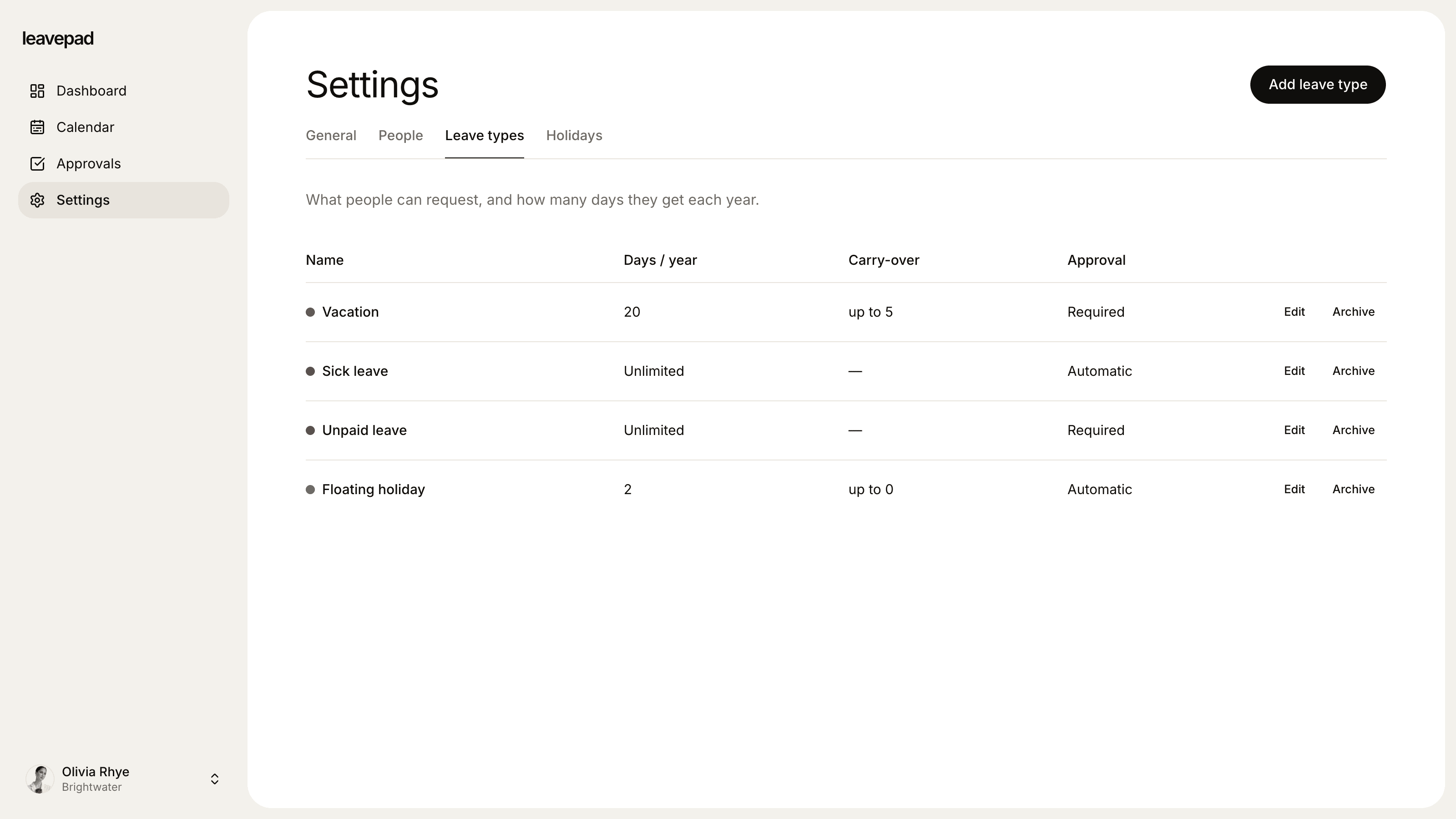 Leavepad leave types settings: vacation, sick leave, unpaid leave and floating holiday, each with its own allowance, carry-over and approval rule