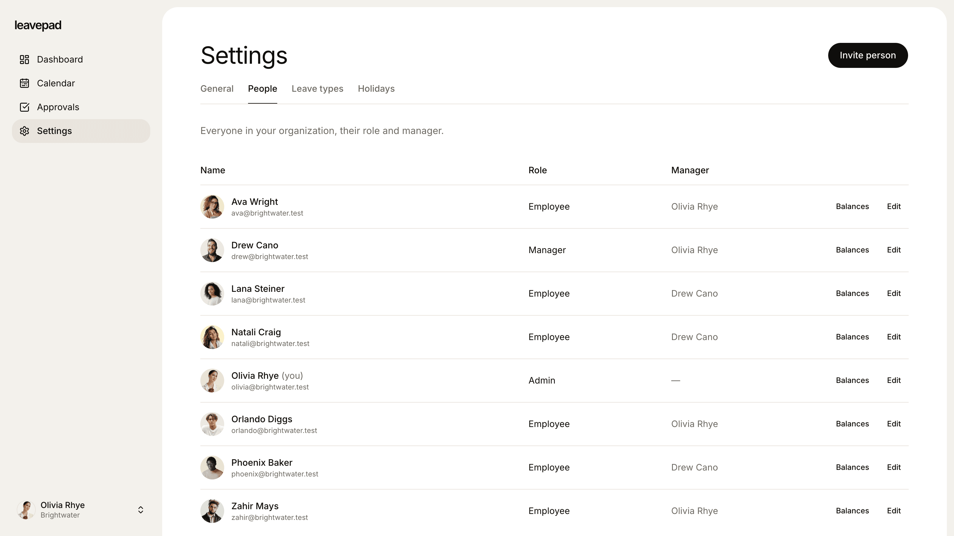 Leavepad people settings listing every employee with their photo, role and manager, with links to their leave balances