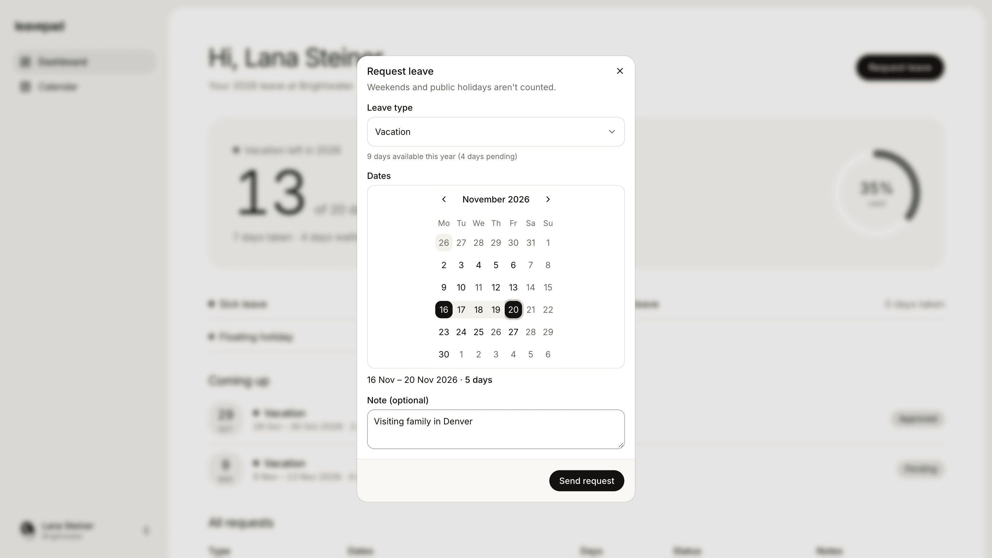 Leavepad request leave form with vacation selected, five working days picked and a note added