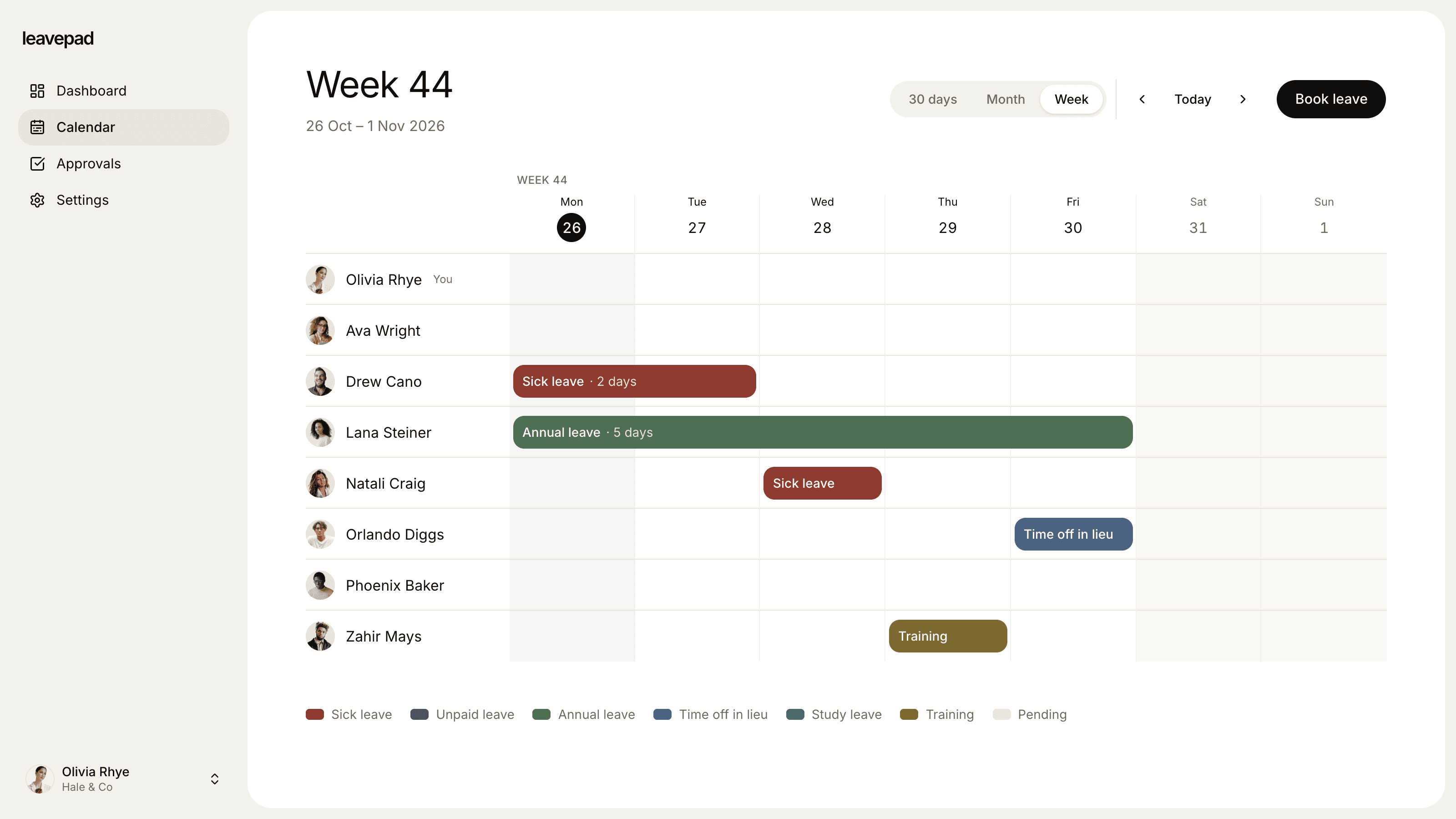 Leavepad absence calendar for this week, showing sick leave, annual leave, training and time off in lieu for each employee