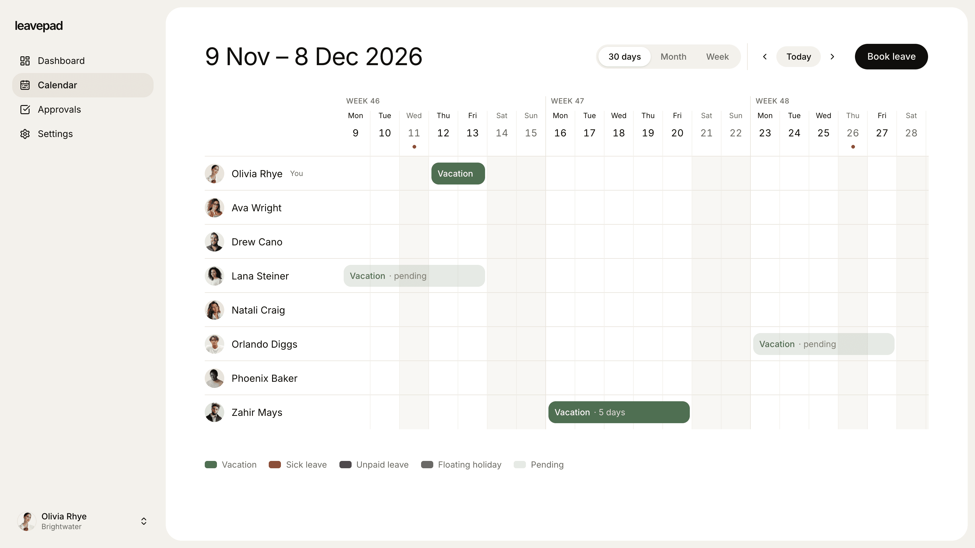 Leavepad shared vacation calendar for the next 30 days, with approved and pending vacation and Thanksgiving marked