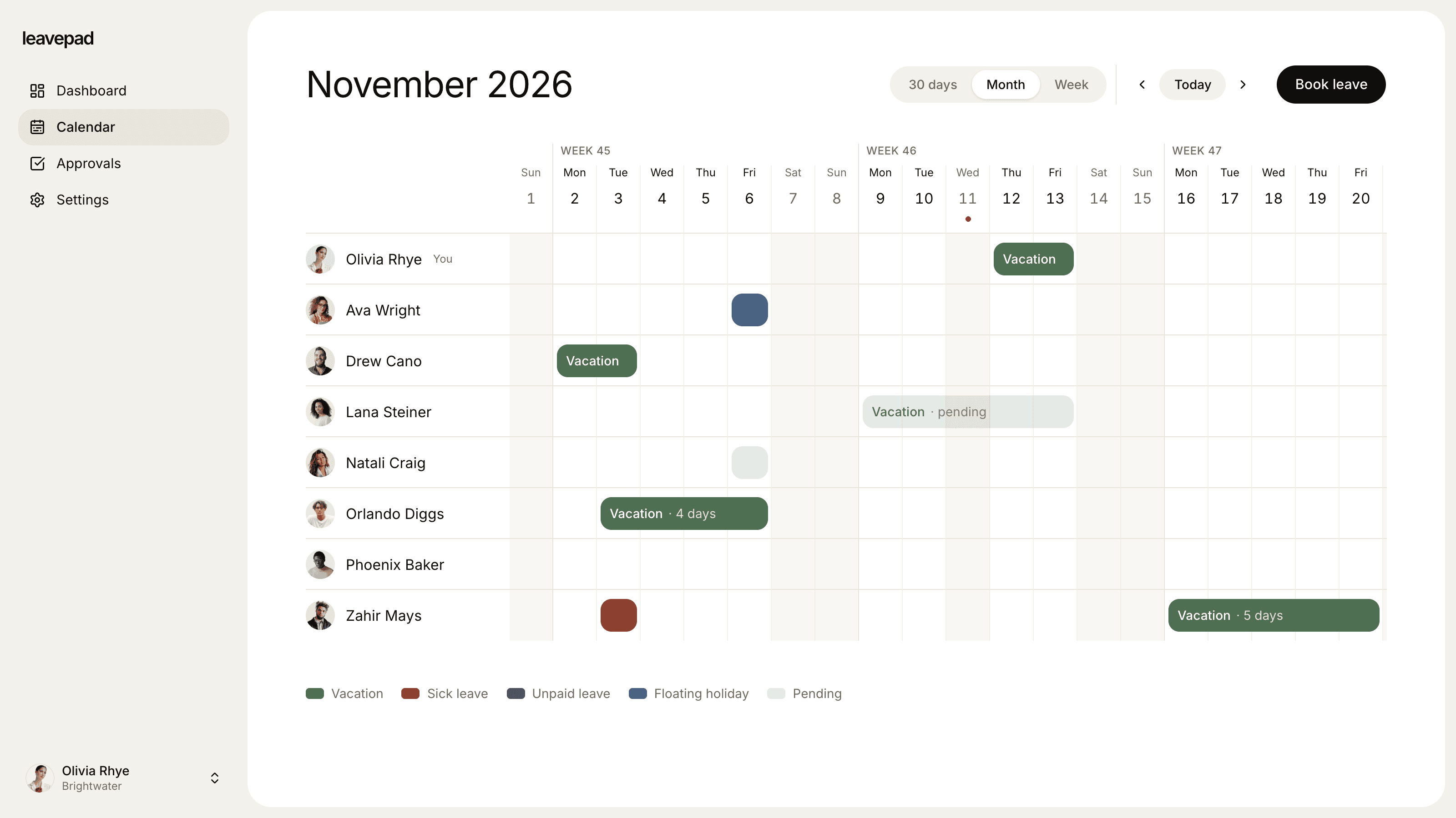 Leavepad team leave calendar for a month, showing each person's vacation, sick days and pending requests