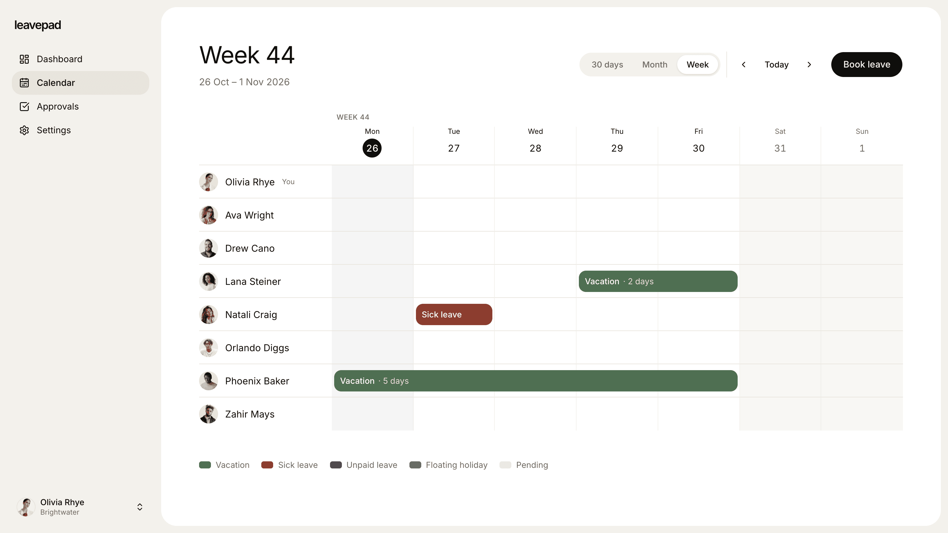 Leavepad team calendar week view, showing who is out each day this week with vacation and sick leave
