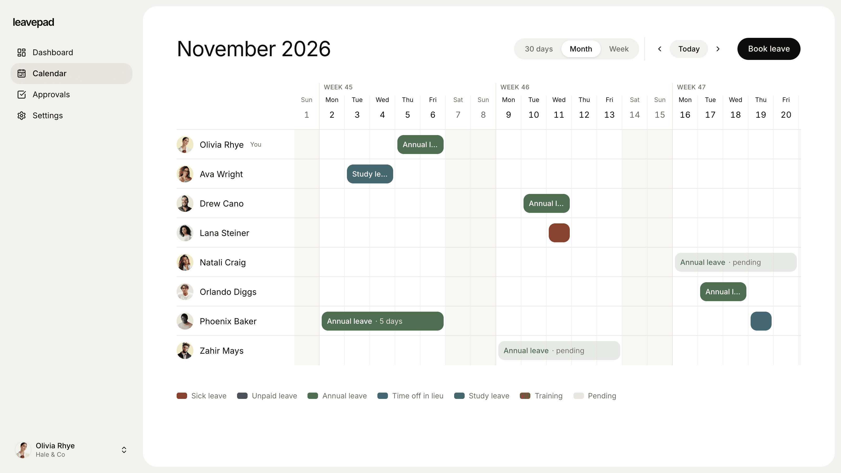 Leavepad holiday wallchart for a month, with each employee's annual leave, study leave, sickness and pending requests colour-coded