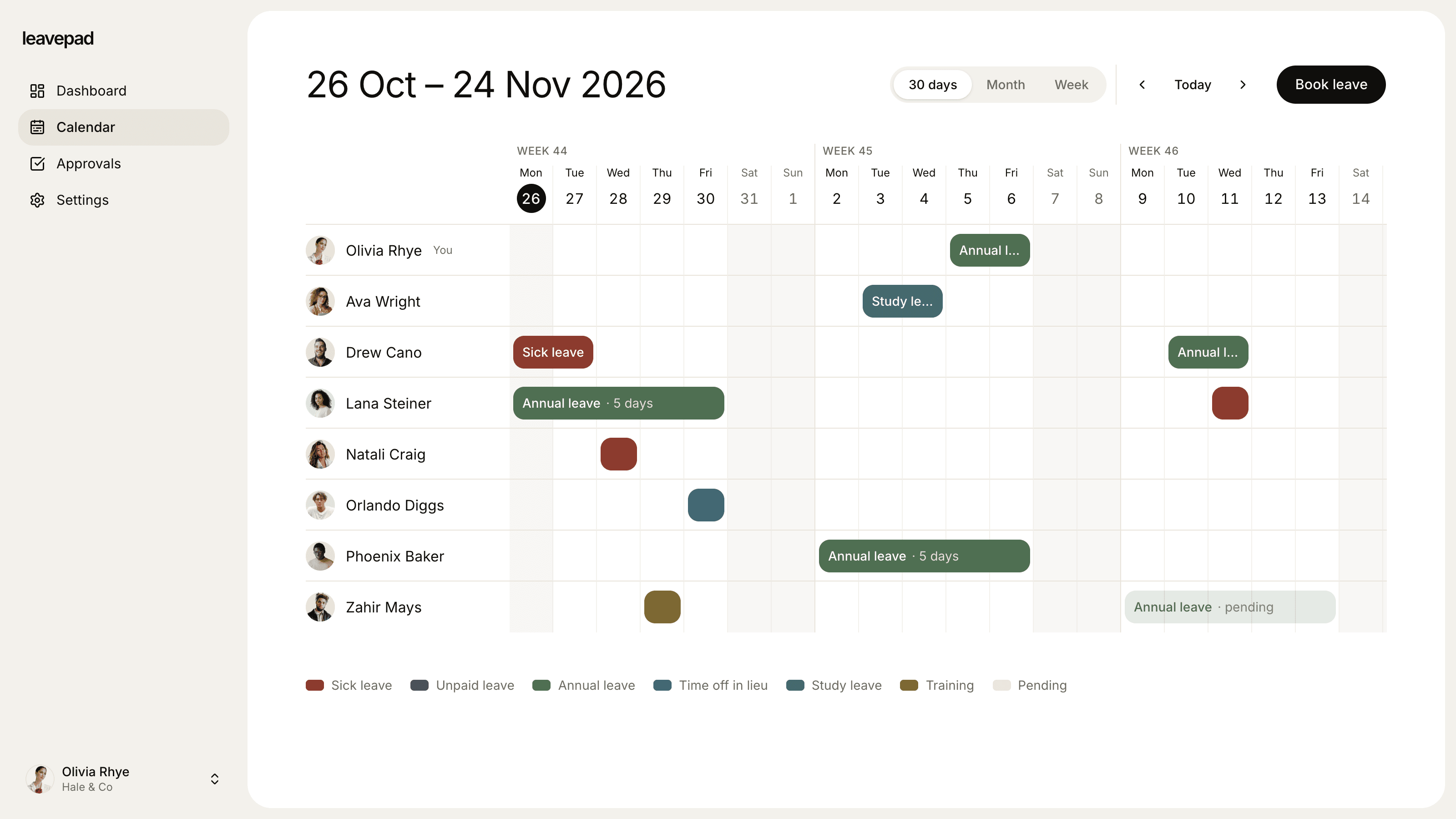 Leavepad staff holiday calendar for a UK team over the next 30 days, with annual leave, sick leave, training and time off in lieu